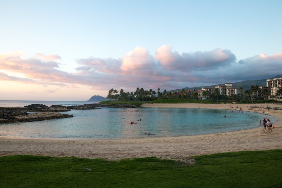 The scenic lagoon with sandy beaches and captivating skies by Ko Olina.