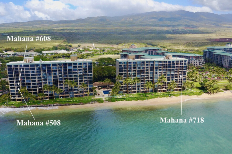 An aerial view of Mahana at Ka'anapali, just steps away from the ocean, offering panoramic views of the surrounding landscape.