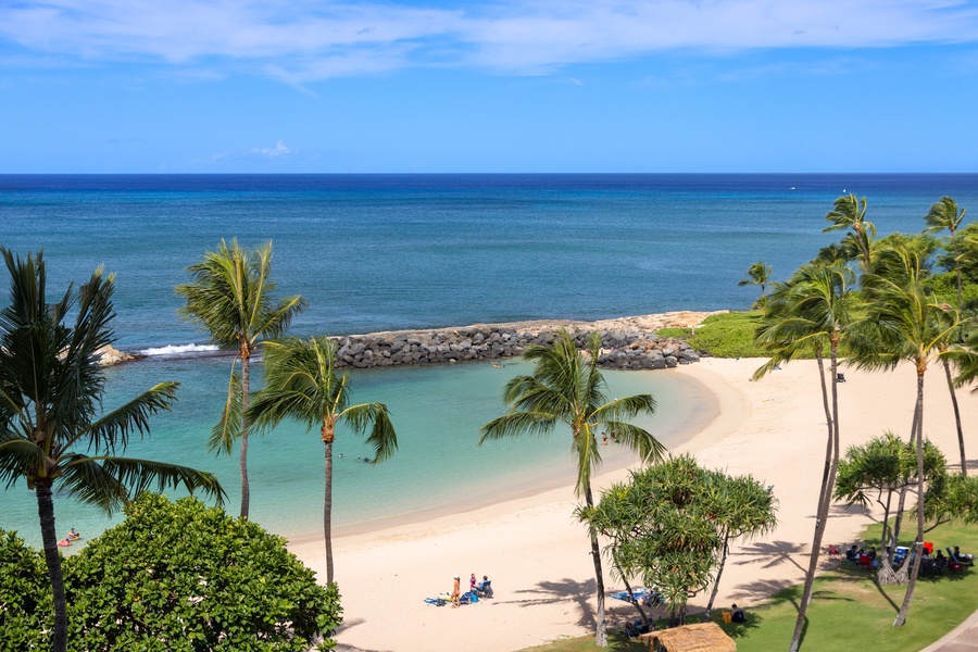 The lagoon and beach as seen from the room's lanai.