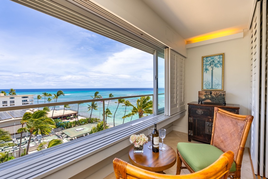 Slow mornings feel special in this cozy reading nook framed by panoramic views—perfect for journaling, sipping coffee, or daydreaming in paradise.