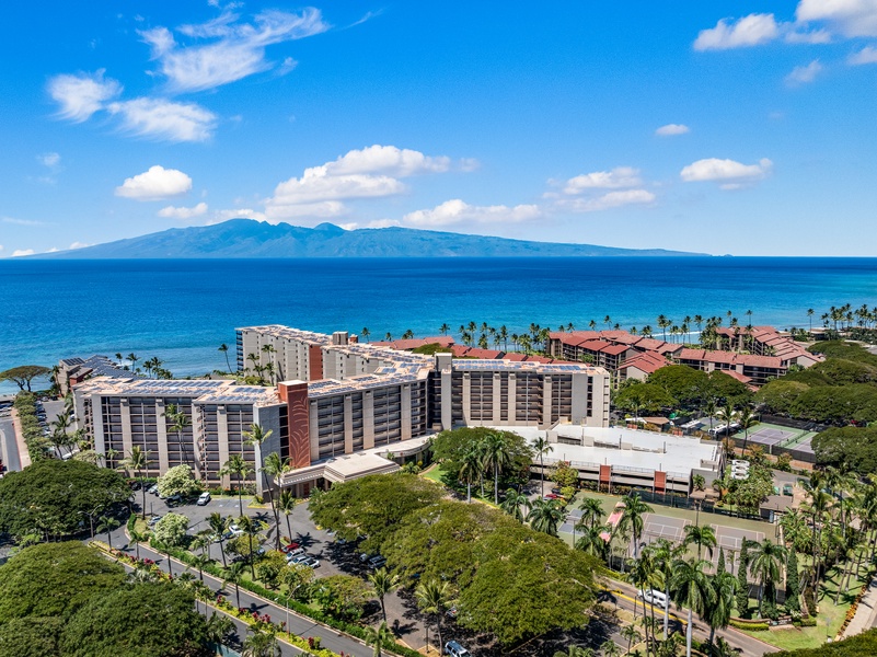 Aerial view of Kaanapali Shores resort along the stunning West Maui coastline.