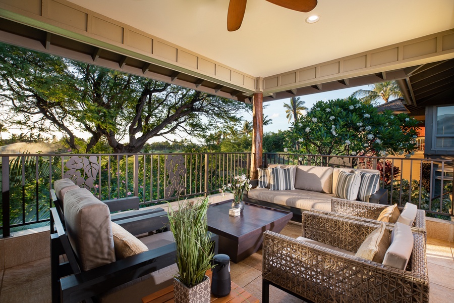 Ascend to our covered lanai upstairs, a serene escape offering panoramic golf course views.