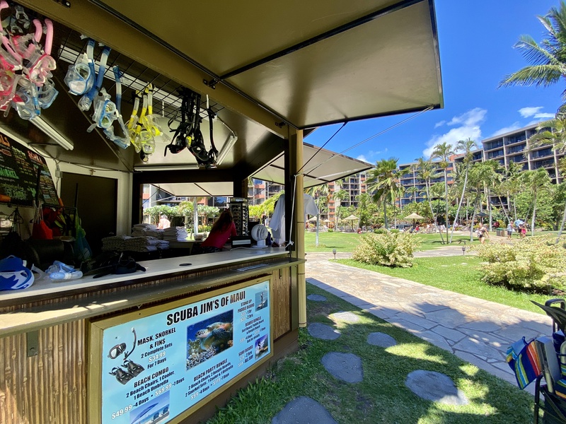 The resort offers a convenient equipment rental station, perfect for gearing up for snorkeling, scuba diving, or other water adventures.