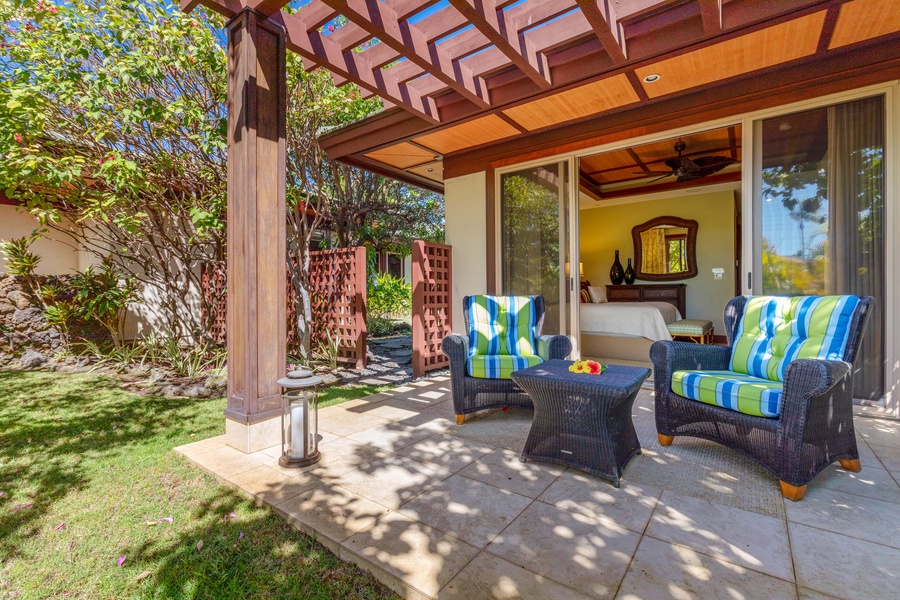 Enjoy morning coffee or an evening drink on the quiet and shaded lanai outside.