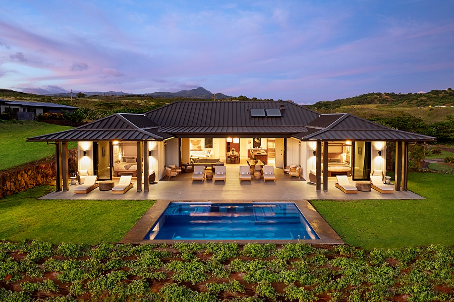 Take in the beauty of Hiki Moe's stunning aerial view, showcasing the pool and open design.