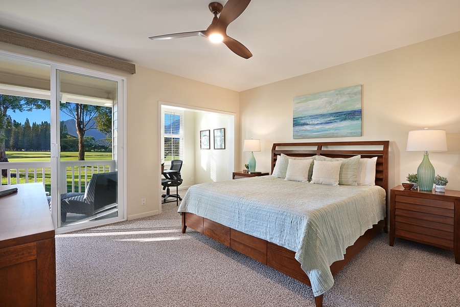The primary bedroom suite is complete with a dedicated home office, private lanai and TV.
