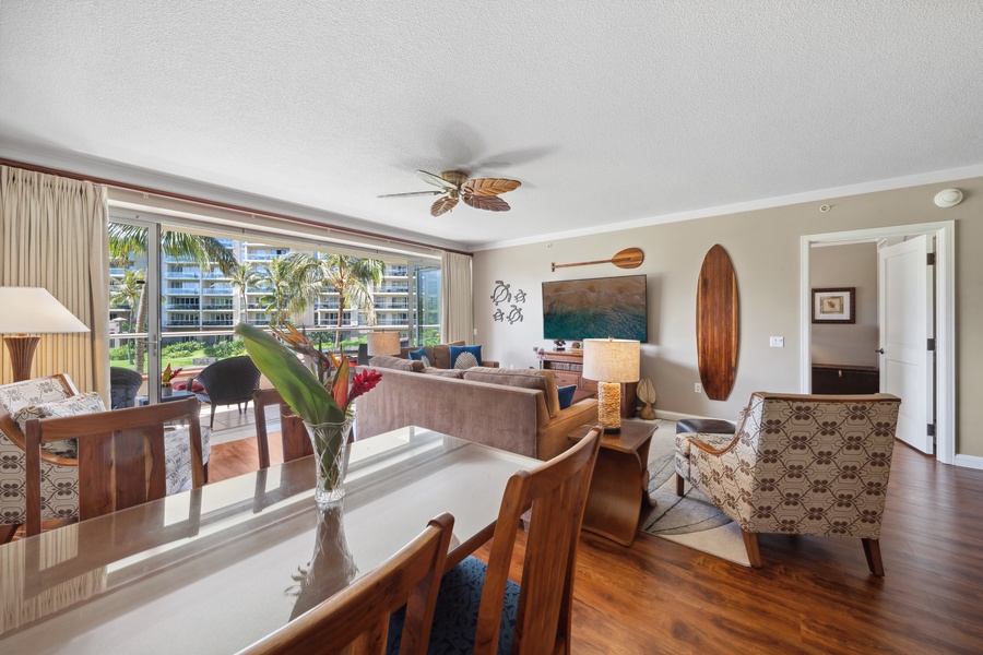 Enjoy casual meals or tropical drinks in the dining nook of Honua Kai Konea 204, framed by garden and resort views.