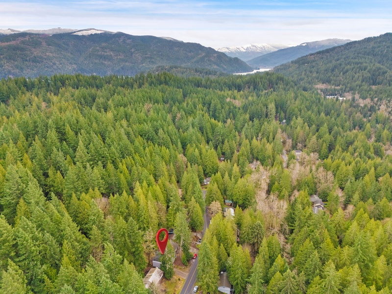 Aerial view showcasing the property's secluded forest setting with majestic snow-capped mountains in the distance.