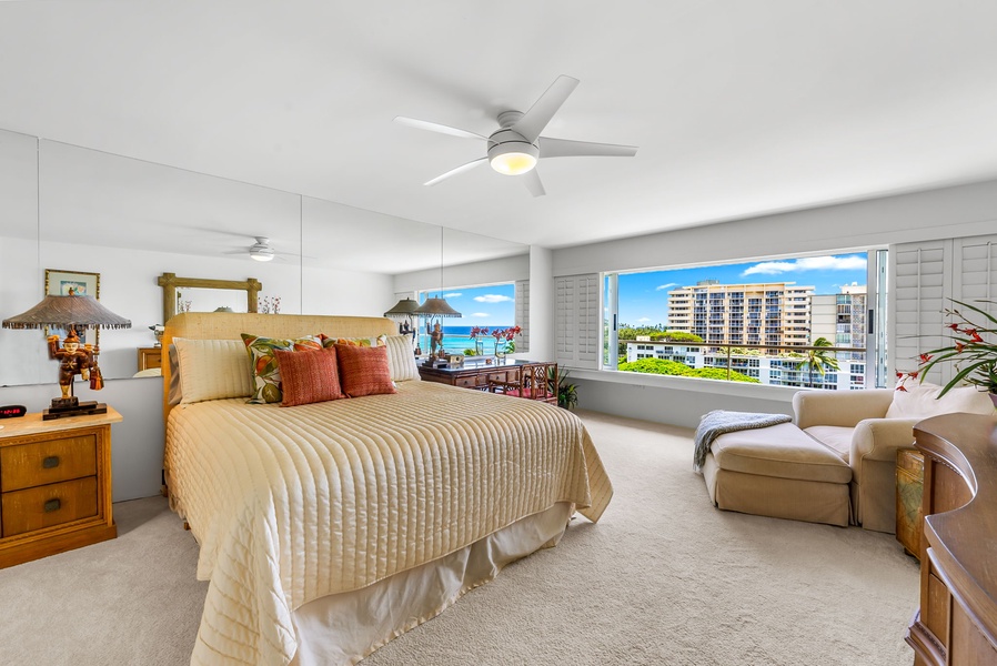 Wake up to the Pacific in the spacious primary suite, designed for deep rest with blackout drapes, ocean views, and room for a Pack ’n Play—ideal for couples with little ones.