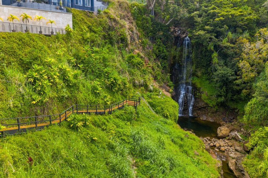 Your own private waterfall, viewing deck, and rope ladder down to the fresh water pool.