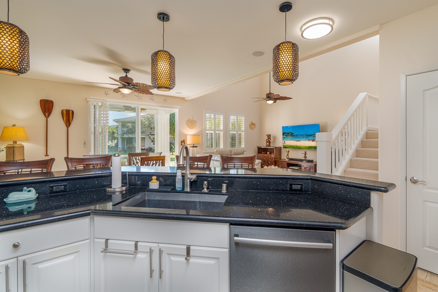 Fully-stocked and spacious kitchen area with wide counter space.