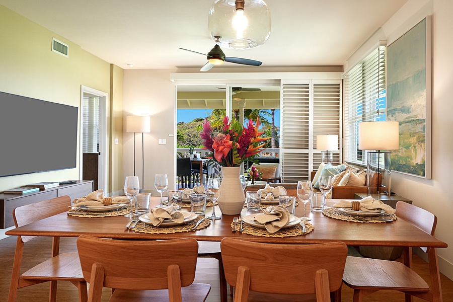 Chic dining area with table for six.