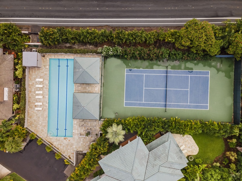 Aerial view of the community pool and tennis court