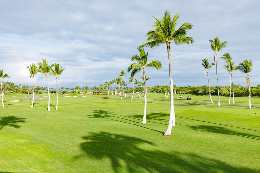 Lush green fairways lined with swaying palm trees invite you to tee off in paradise.