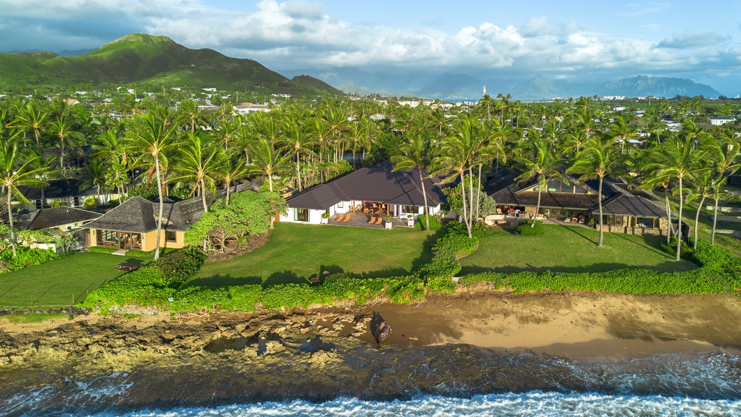 Aerial view of Castle Point Estate — 110 feet of oceanfront beauty on a private peninsula.