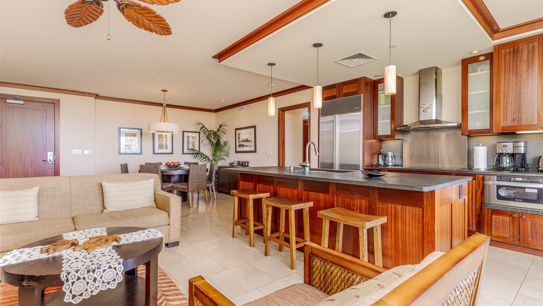 Open-concept design offers ample seating and space to gather, dine, and relax in island luxury.