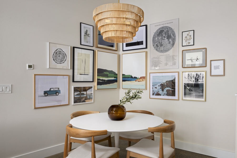 Chic dining nook with coastal-inspired decor, perfect for relaxed meals and late-night conversations.