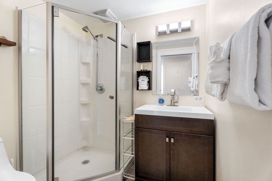 Guest bathroom conveniently located steps from the guest bedroom for ultimate ease.