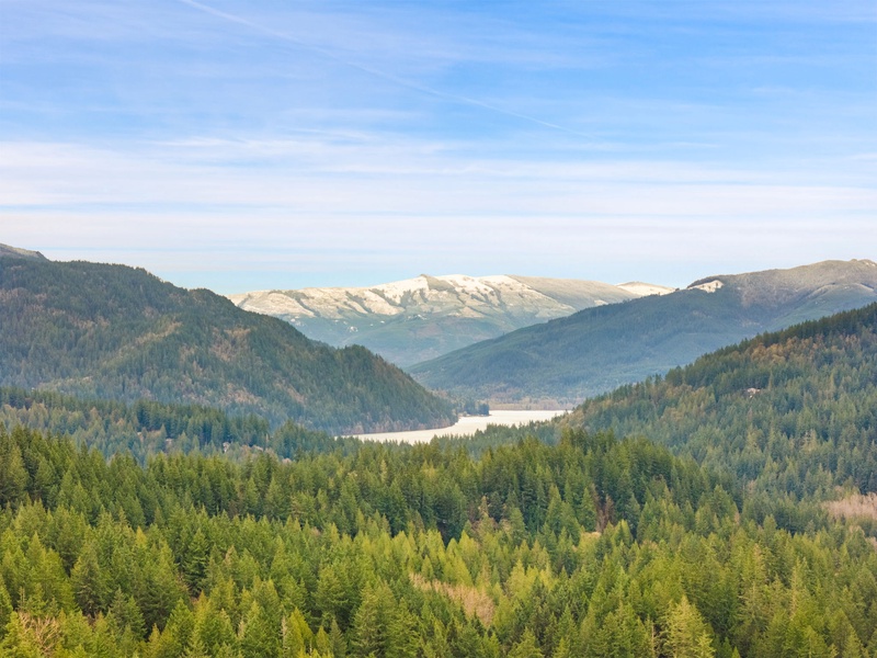 Stunning mountain panorama showcases snow-capped peaks rising above forested valleys and rolling hills in pristine natural surroundings.