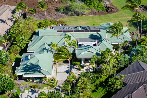 Aerial view of a luxurious home with a green roof, surrounded by palm trees and lush greenery.