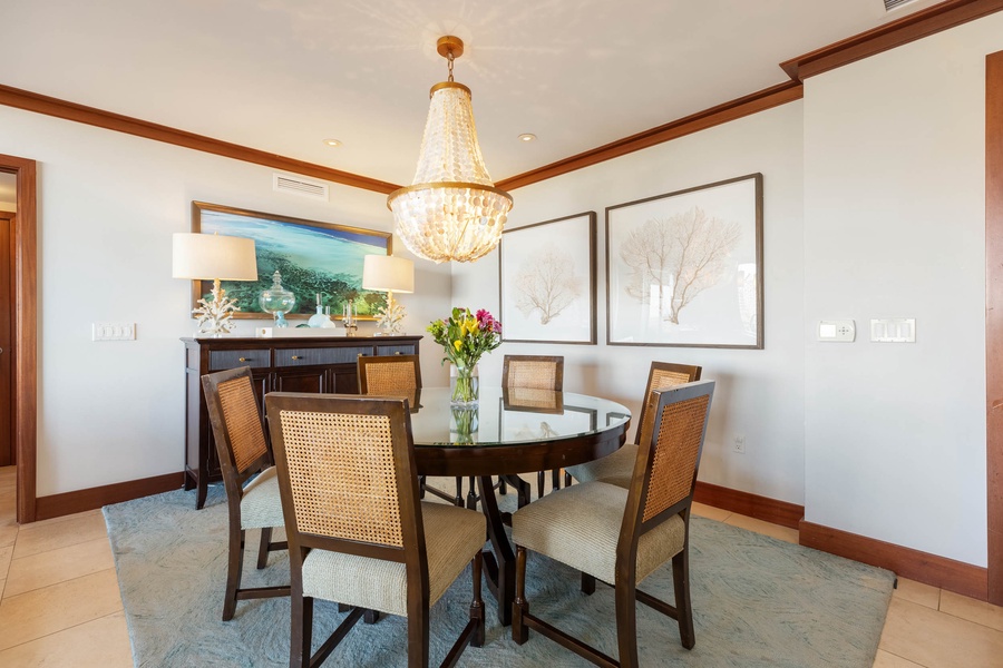 Dine in style with a table for six open to the kitchen area.