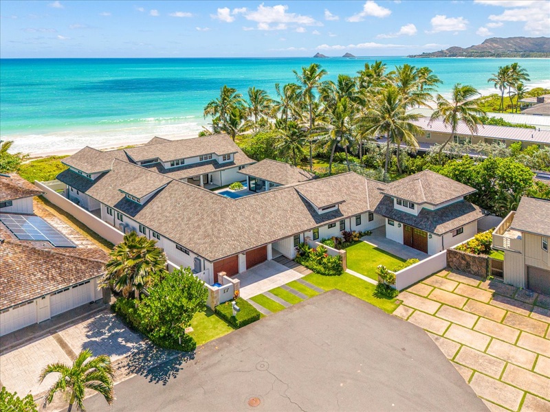 Aerial view capturing your private path to Kailua Beach and sweeping ocean panorama.