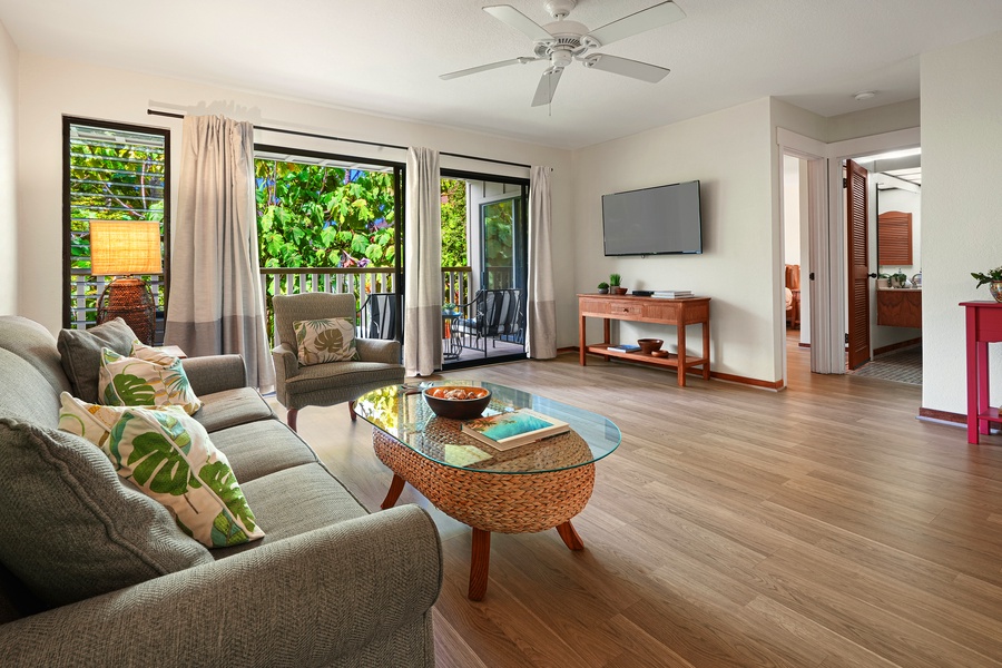 This roomy one bedroom, one bath condominium located on the south side of the garden isle boasts a lanai where lush, green foliage provides privacy, shielding you from the view of the rest of the complex