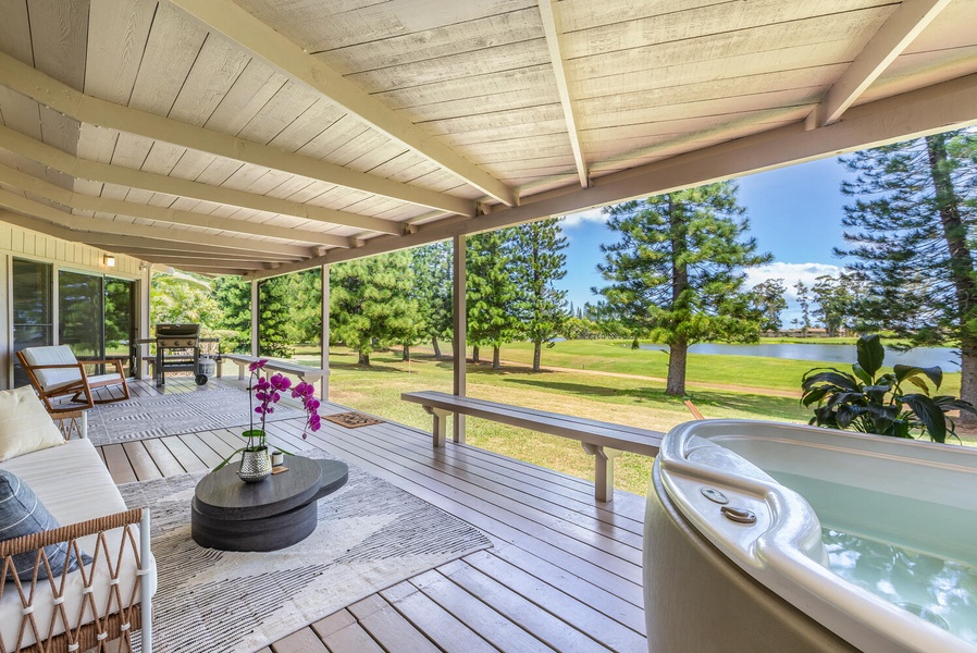 Experience relaxing golf course views from the comfort of the hot tub