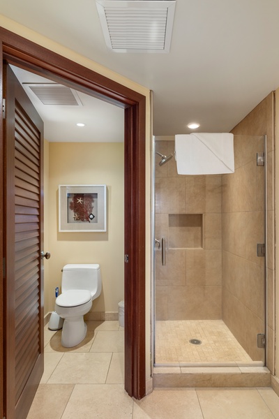 Ensuite bathroom with a walk-in shower in a glass enclosure.