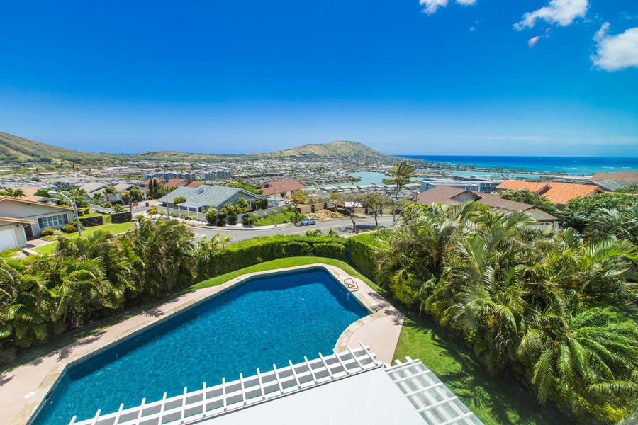 View from the main floor of the marina, Koko Crater, and Hawaii Kai/Portlock.