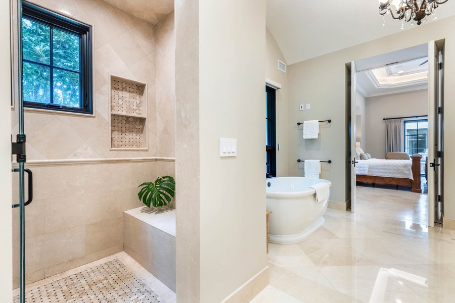 Bright bathroom with a walk-in shower, soaking tub, and serene design elements.