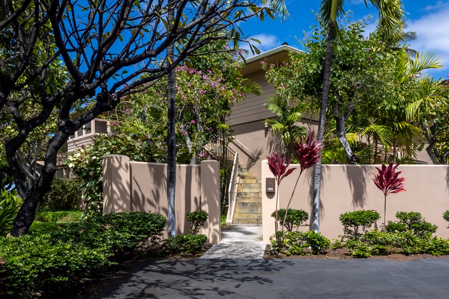 Tropical property entrance featuring lush palm trees, vibrant flowering plants, and a welcoming stone pathway leading to the main building.