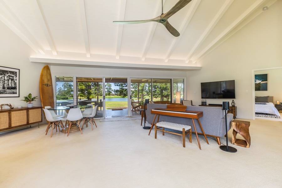 Expansive, comfortable living area with views through the sliding glass doors