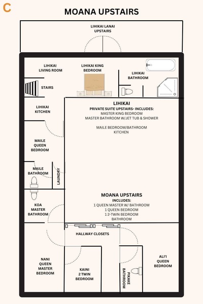 Study this detailed upstairs floor plan showcasing multiple bedrooms, bathrooms, kitchen, and living spaces for your group getaway.