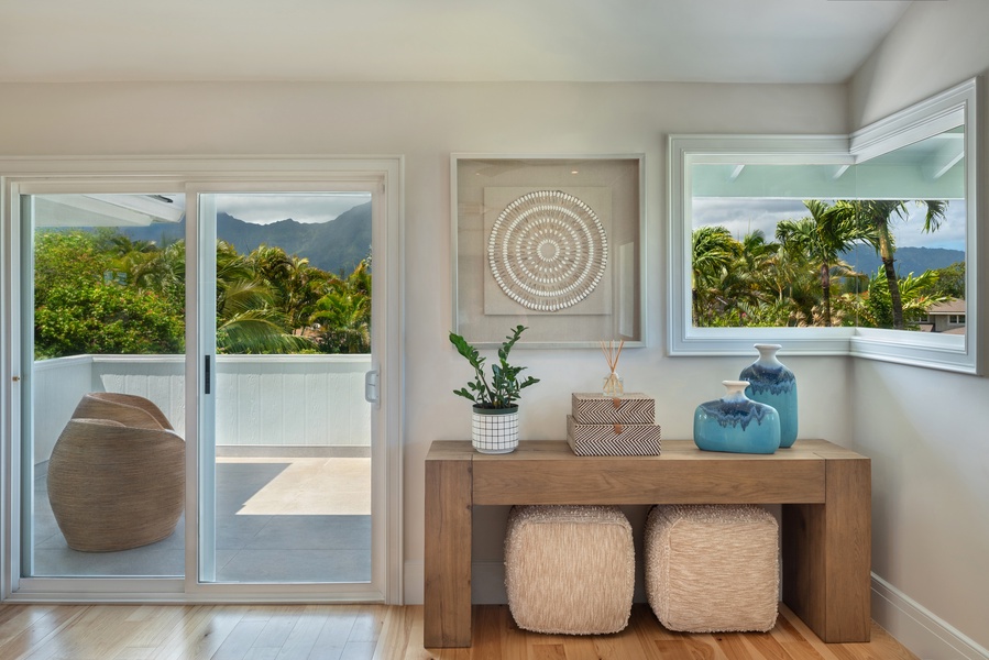 Decorative corner with wicker baskets and a serene view.