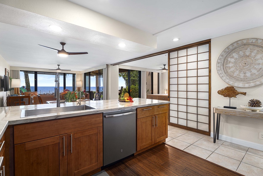 Overlooking ocean views/horizon right at the kitchen island's perspective.