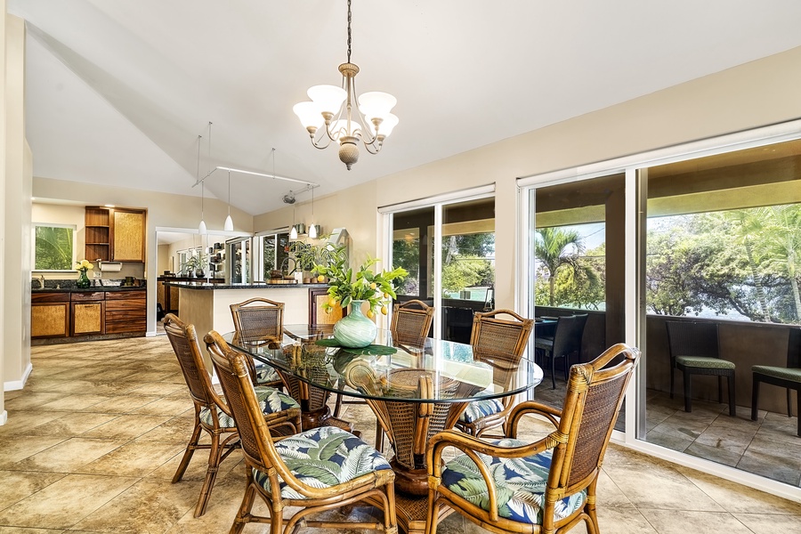 Indoor dining area with A/C and tropical styling