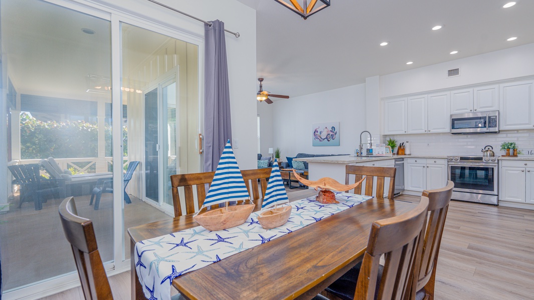 The dining area offers a rustic table for six.