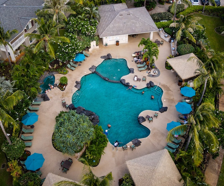 An aerial view of the pool and cabana area.