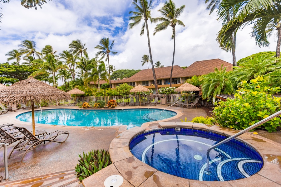 Relax and unwind in the inviting hot tub or take a refreshing dip in the large pool, surrounded by lush tropical greenery and swaying palm trees