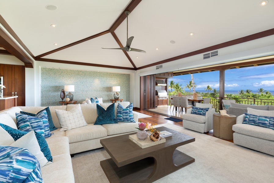 The stylish great room offers expansive colorful views