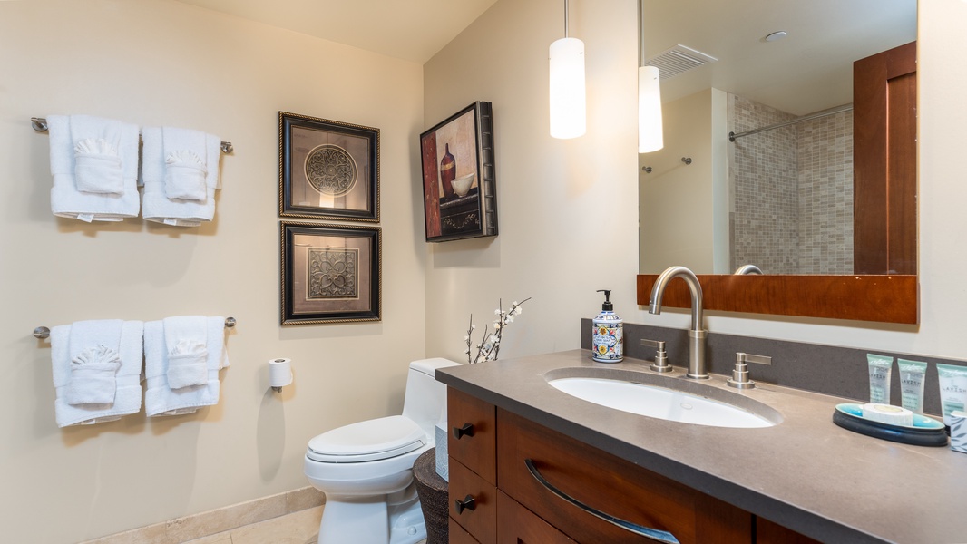 The bright and convenient second guest bathroom.