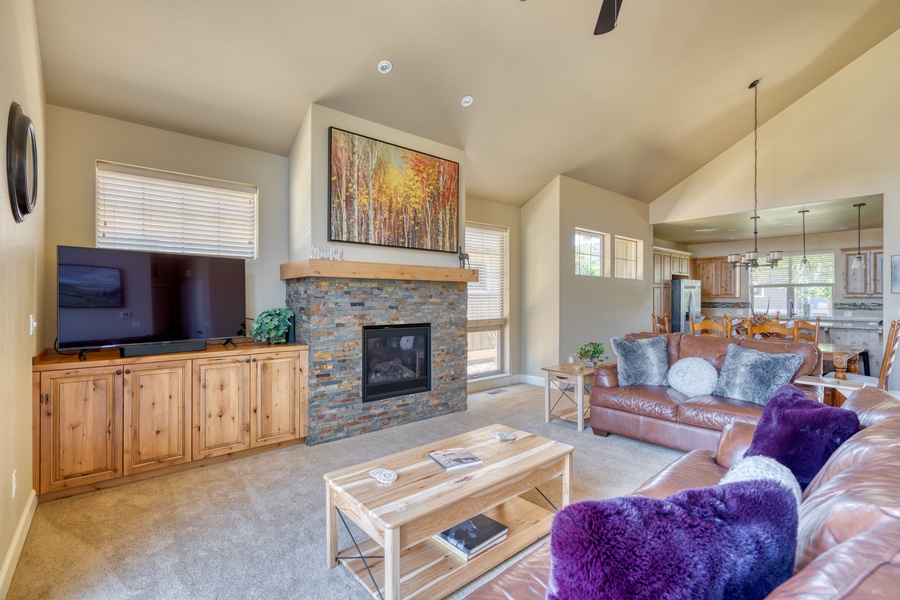 Receive a warm welcome in the cozy living area of your desert home.