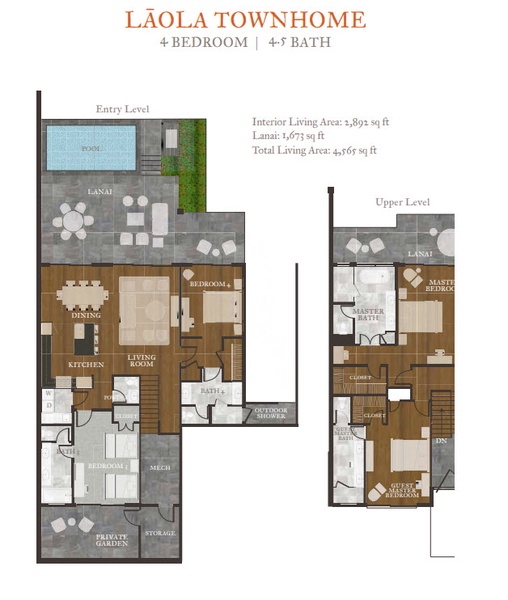 Floor plan of the four-bedroom Laola Townhouse at Hokuala.