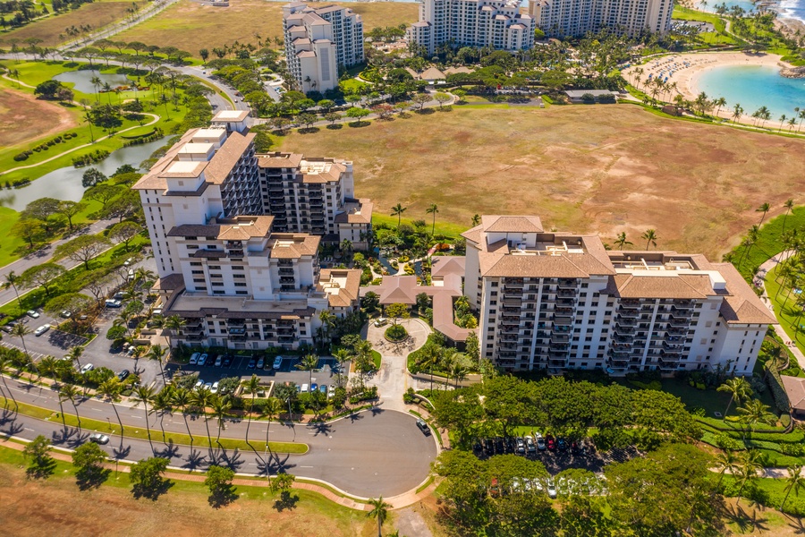 Pick out the pools and paths from up here, villas stepping down to the lagoon.