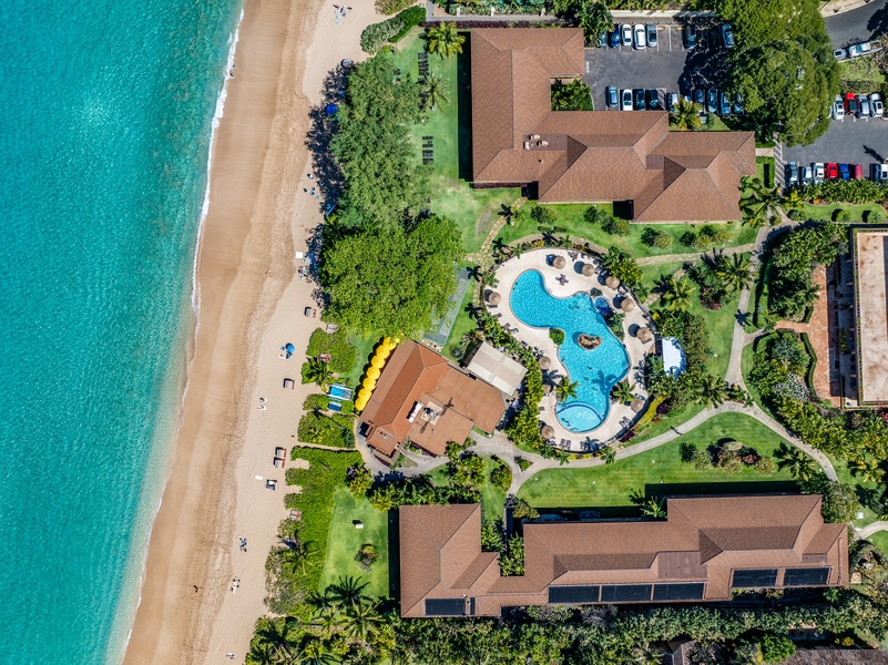 Maui Kaanapali Villas 292 sits among lush trees, near the pool, golden sand, and sparkling Pacific.