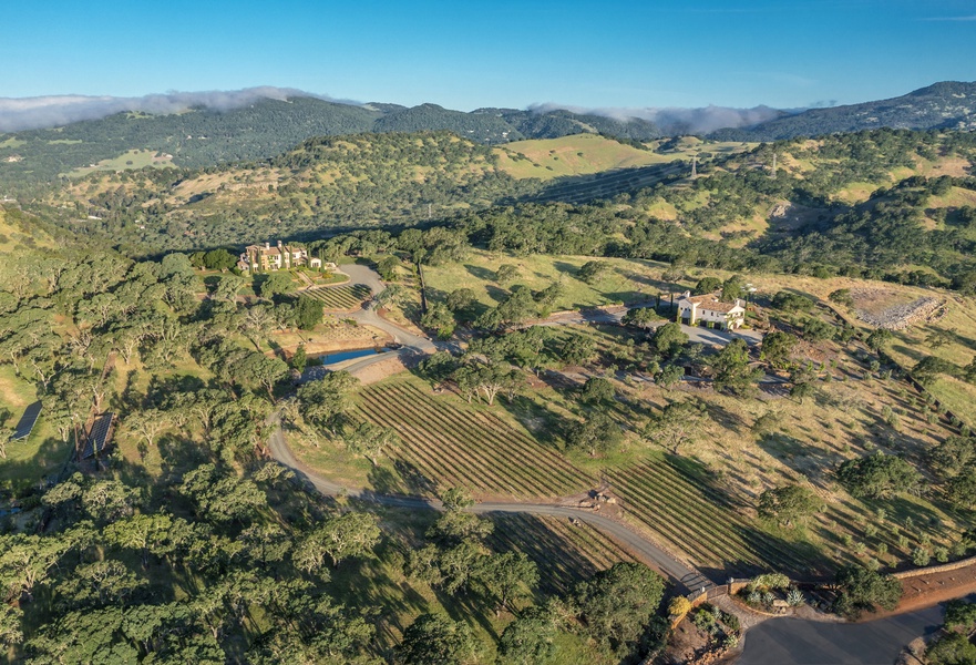 This expansive 25-acre estate is part of a gated community and sits on a private vineyard, overlooking Suisun Valley
