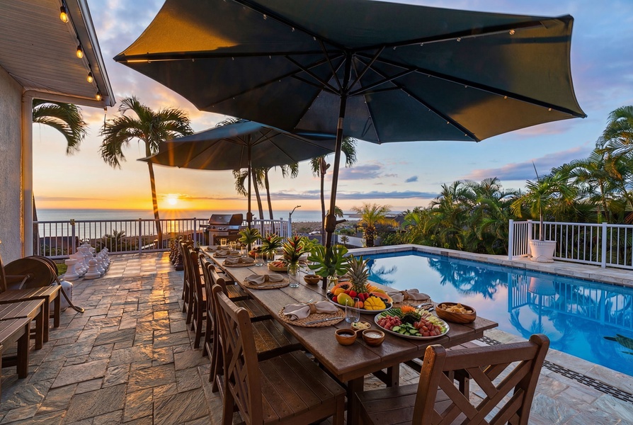 Dine al fresco by your private pool as golden hour paints the sky, with tropical palms swaying and the ocean stretching endlessly before you.