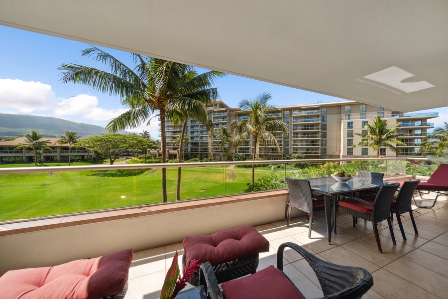 Open-air luxury meets vibrant views on the private lanai at Honua Kai Konea 204—perfect for relaxing anytime.