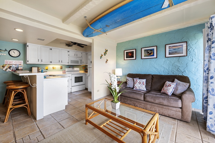 Living room has clear sightlines to the Kitchen & Lanai!